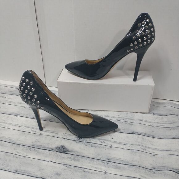 Andrew Stevens SZ 9M Patent Black Studded Stiletto  Biker Heels - Picture 2 of 11